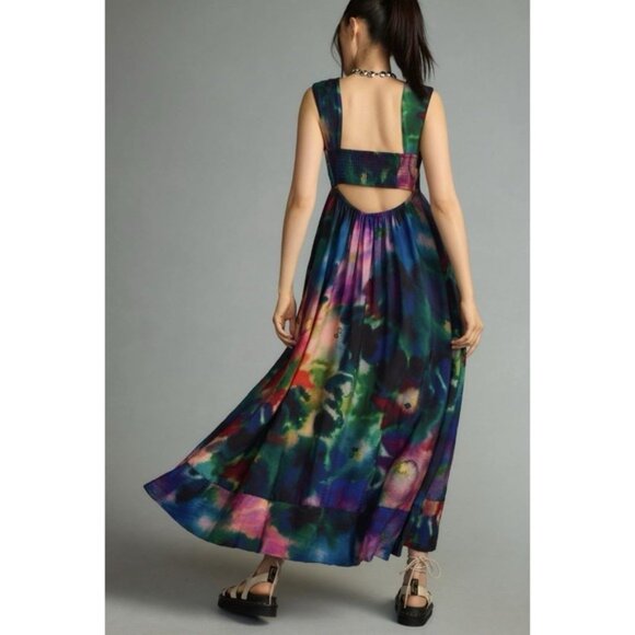 Anthropologie Medium Pleated Sleeveless Cut Out Back Watercolor Print Maxi Dress - Picture 4 of 14